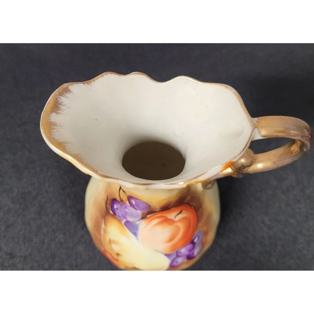 Vtg 60s Enesco Japan E2350 Porcelain Fruit Pitcher Vase Hand Painted Gold Handle